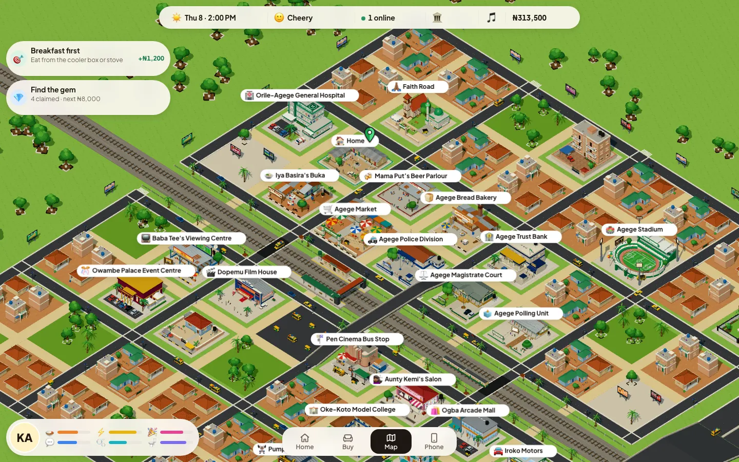 The city map of Agege: the railway and the station, the market, the buka, the hospital, the stadium and homes all around.